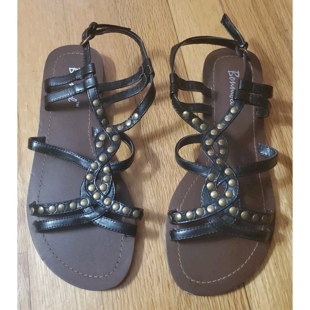 Bonnibel Black Faux Leather Strappy Studded Flat‎ Sandals US Size 6